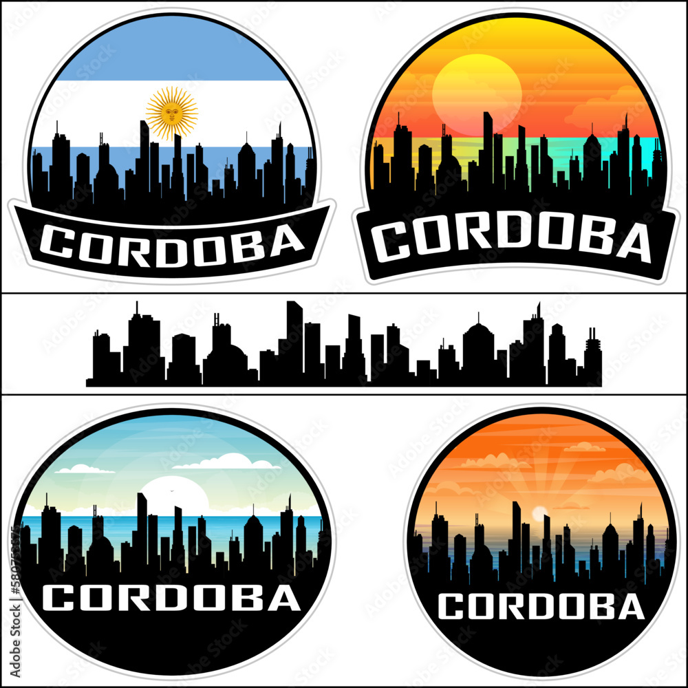 Cordoba Skyline Silhouette Argentina Flag Travel Souvenir Sticker Sunset Background Vector Illustration SVG EPS AI