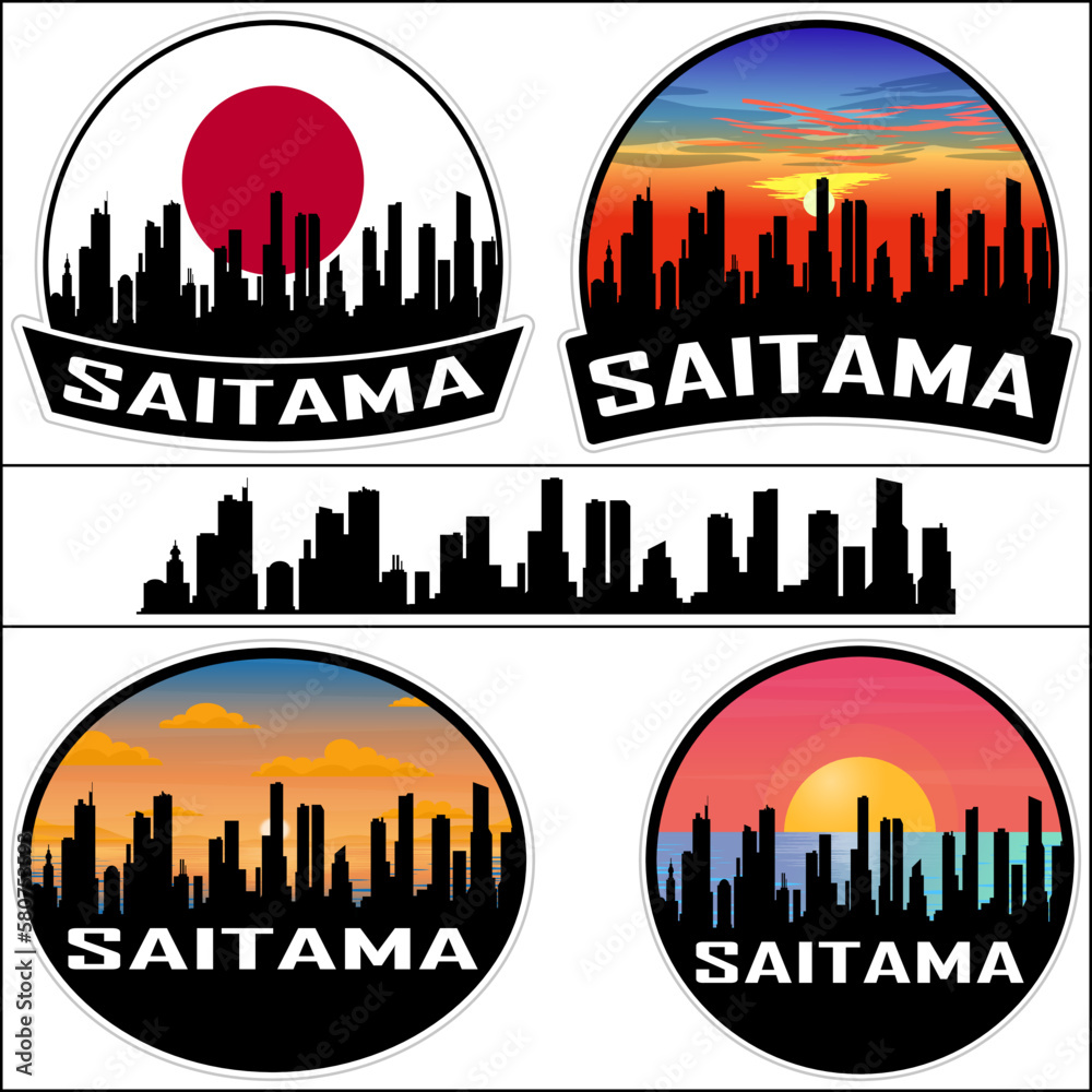 Saitama Skyline Silhouette Japan Flag Travel Souvenir Sticker Sunset Background Vector Illustration SVG EPS AI