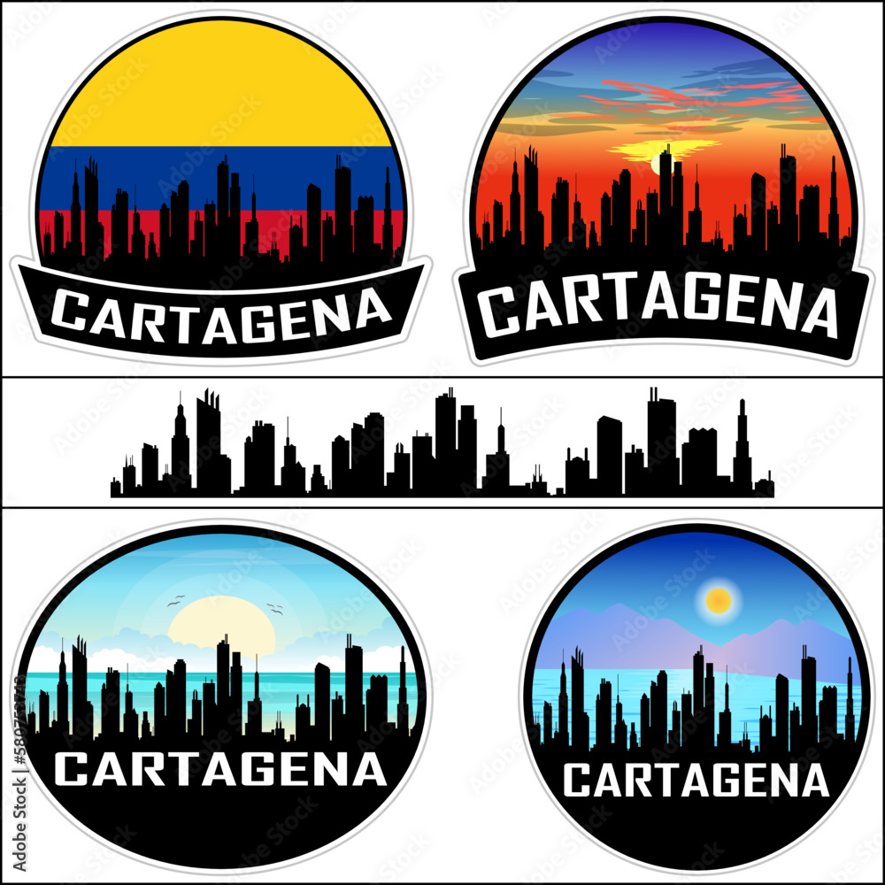 Cartagena Skyline Silhouette Colombia Flag Travel Souvenir Sticker Sunset Background Vector Illustration SVG EPS AI