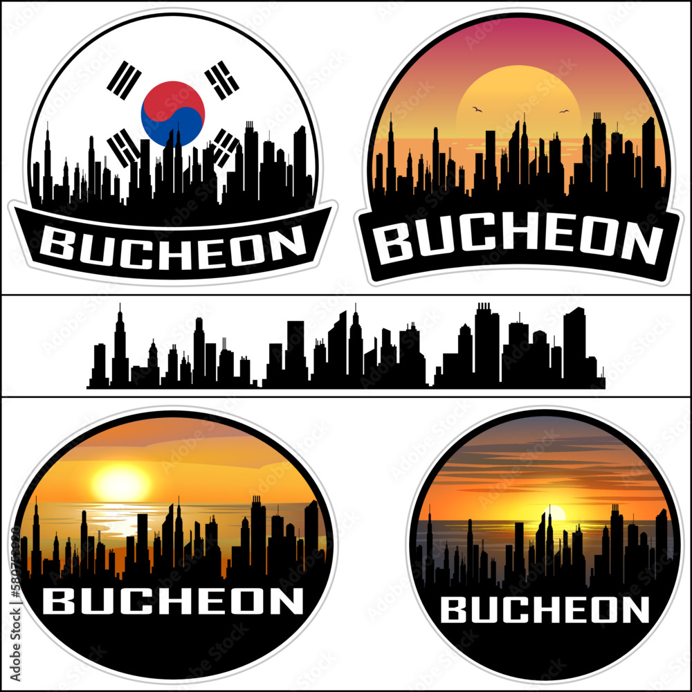 Bucheon Skyline Silhouette South Korea Flag Travel Souvenir Sticker Sunset Background Vector Illustration SVG EPS AI