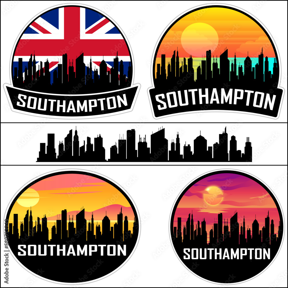 Southampton Skyline Silhouette Uk Flag Travel Souvenir Sticker Sunset Background Vector Illustration SVG EPS AI