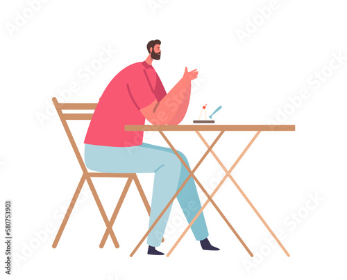 Man Sitting In Street Cafe And Indulges In A Piece Of Cake, Enjoying The Moment. Male Character Promote Relaxation