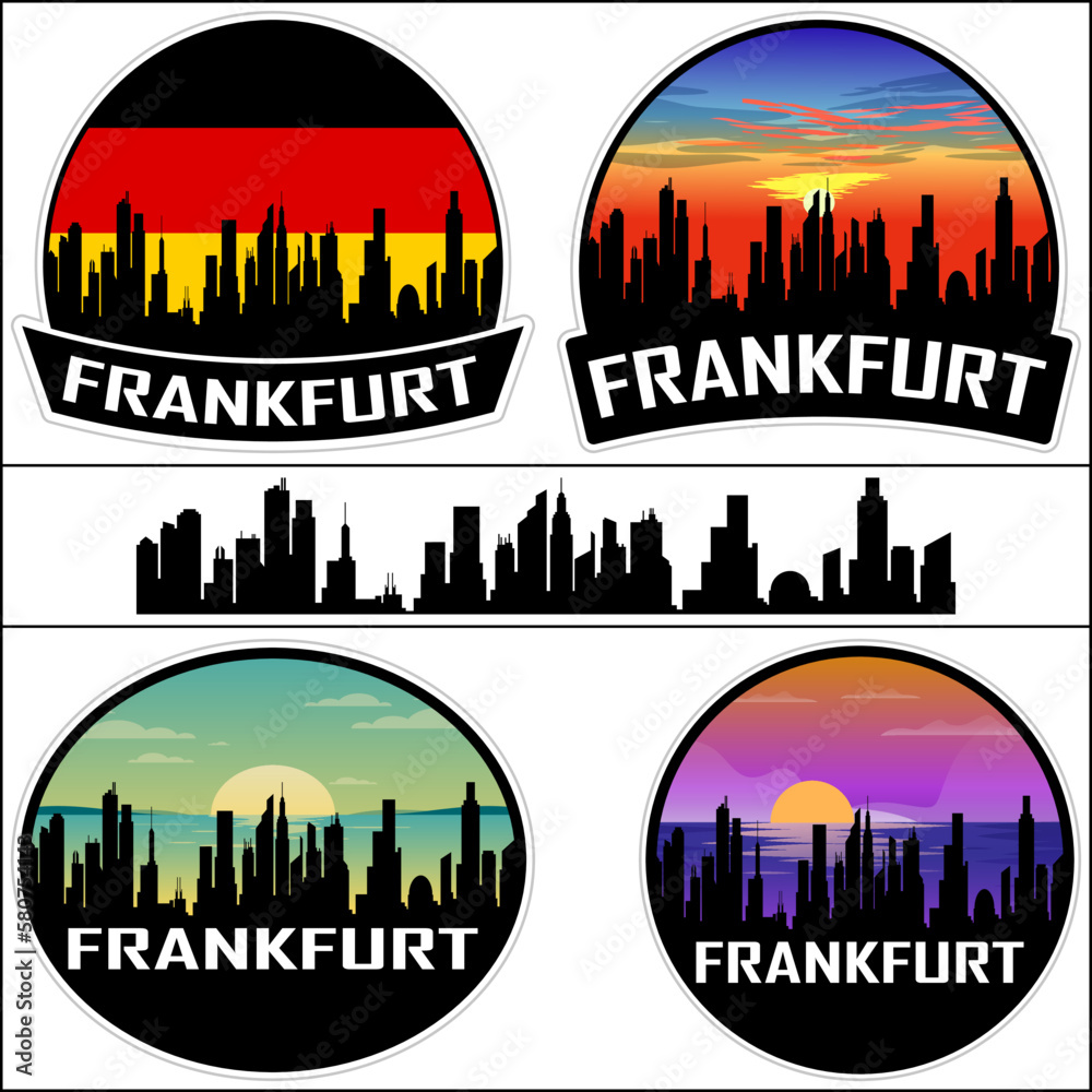 Frankfurt Skyline Silhouette Germany Flag Travel Souvenir Sticker Sunset Background Vector Illustration SVG EPS AI