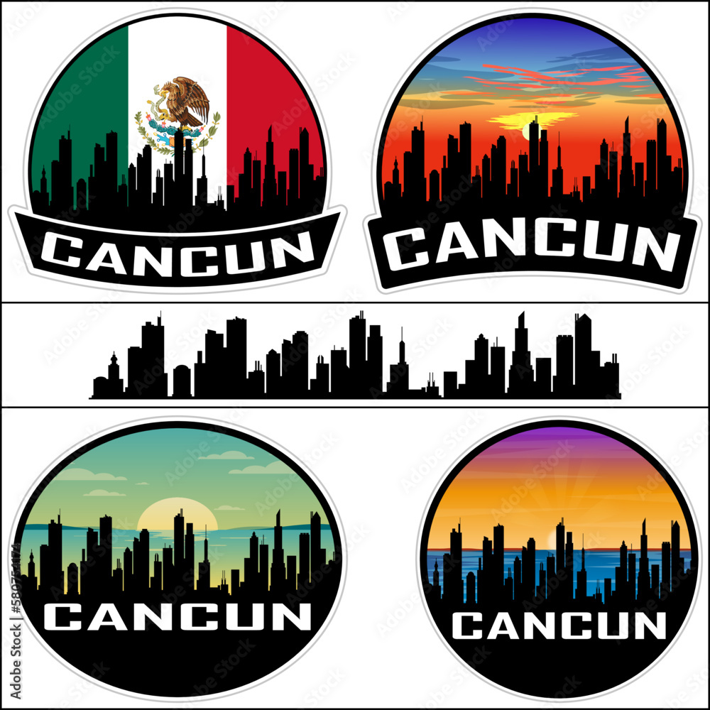 Cancun Skyline Silhouette Mexico Flag Travel Souvenir Sticker Sunset Background Vector Illustration SVG EPS AI