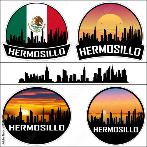 Hermosillo Skyline Silhouette Mexico Flag Travel Souvenir Sticker Sunset Background Vector Illustration SVG EPS AI photo