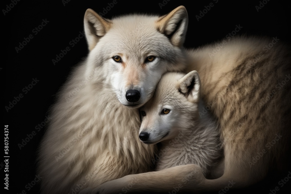 The arctic wolf and her cute female pup are close to their mother. Canis lupus arctos in close up against a black background. Wild animals being cuddled. The puppy feels safe on the back of the mother The arctic wolf and her cute female pup are close to their mother. Canis lupus arctos in close up against a black background. Wild animals being cuddled. The puppy feels safe on the back of the mother