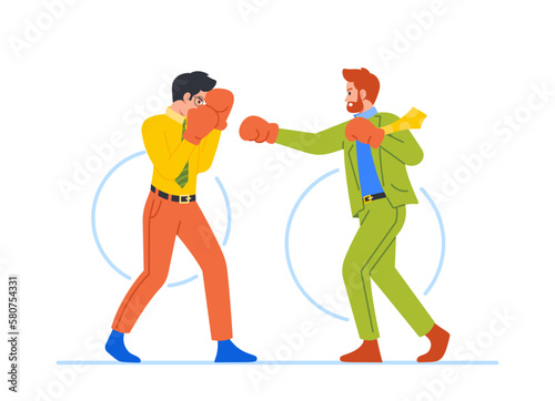 Two Business Men Boxing Exchanging Fierce Blows And Demonstrating Their Competitive Spirit. Concept Of Rivalry