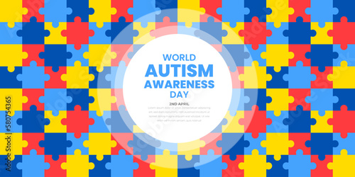 World autism awareness day background design template. World autism day colorful puzzle vector banner. Symbol of autism. autism Health care Medical flat background of April 02 celebration. 
