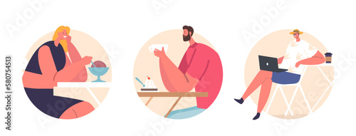 Male and female Characters in Street Cafe Isolated Round Icons or Avatars. People Community Chatting, Working