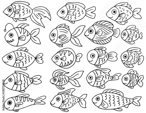 Underwater world sea life ocean fish icon set. Fish sketch collection. Hand drawn vector illustration.