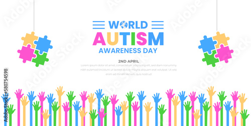 World autism awareness day background design template. World autism day colorful puzzle vector banner. Symbol of autism. autism Health care Medical flat background of April 02 celebration. 