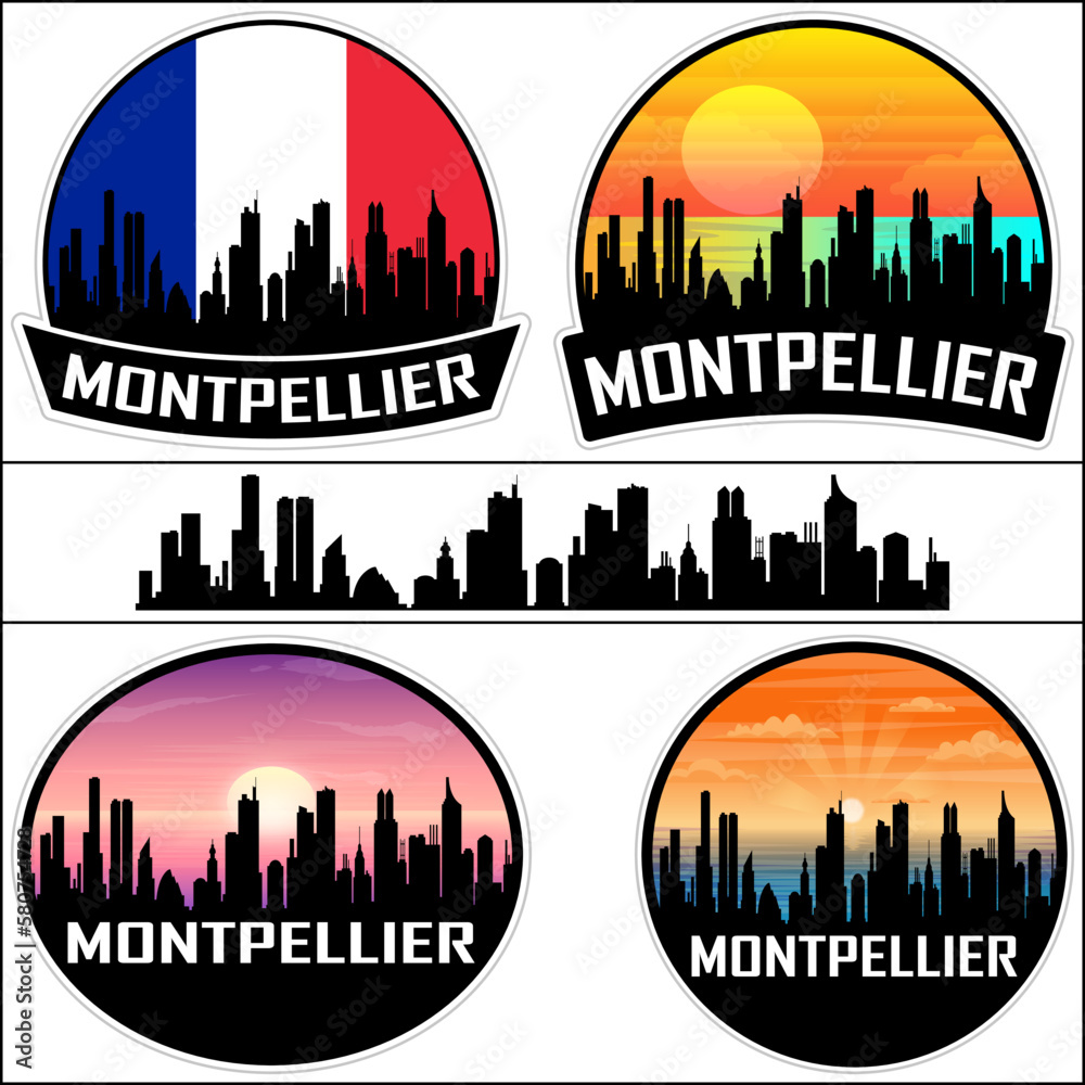 Montpellier Skyline Silhouette France Flag Travel Souvenir Sticker Sunset Background Vector Illustration SVG EPS AI
