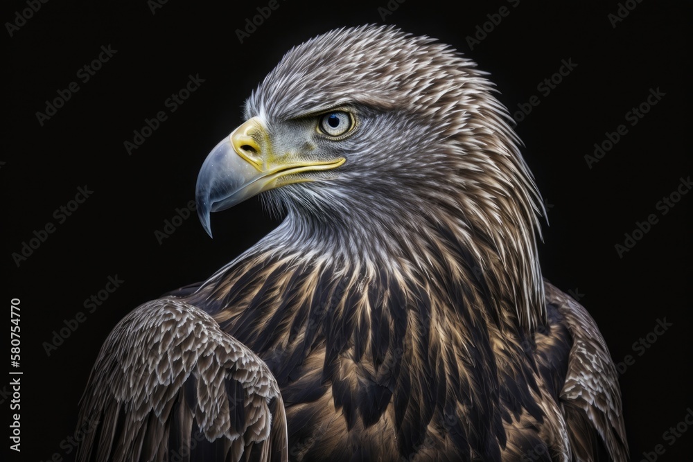 Out of the darkness, a White tailed Eagle looks at the camera. Generative AI Out of the darkness, a White tailed Eagle looks at the camera. Generative AI