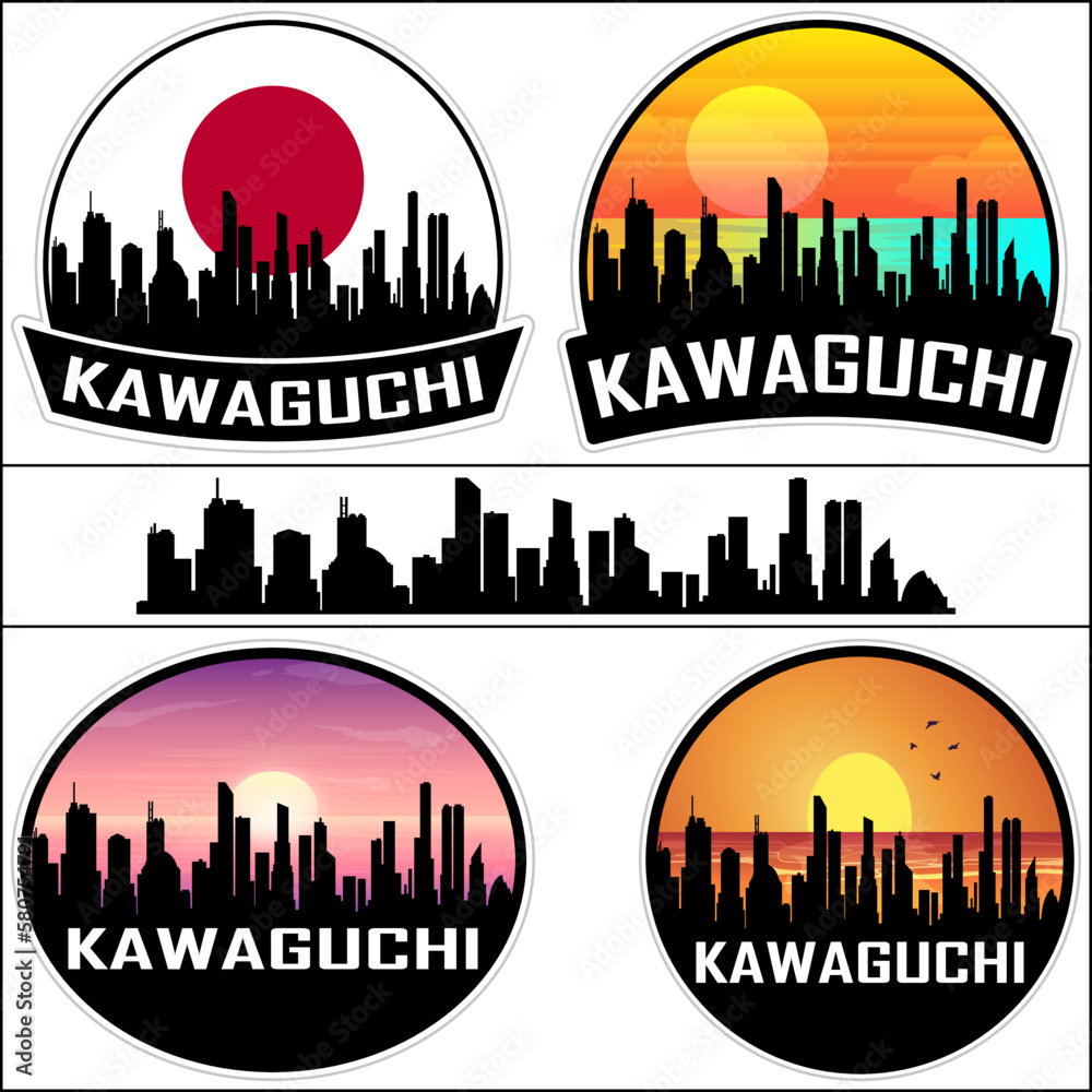 Kawaguchi Skyline Silhouette Japan Flag Travel Souvenir Sticker Sunset Background Vector Illustration SVG EPS AI