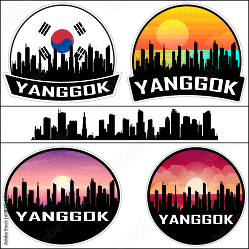 Yanggok Skyline Silhouette South Korea Flag Travel Souvenir Sticker Sunset Background Vector Illustration SVG EPS AI