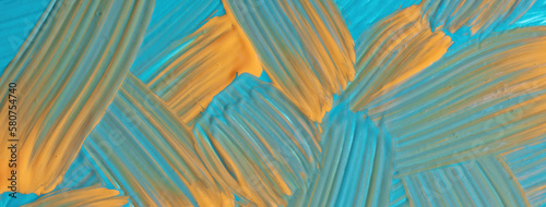 Abstract art background turquoise and yellow colors. Watercolor painting with orange and blue strokes