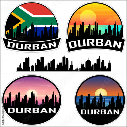 Durban Skyline Silhouette South Africa Flag Travel Souvenir Sticker Sunset Background Vector Illustration SVG EPS AI