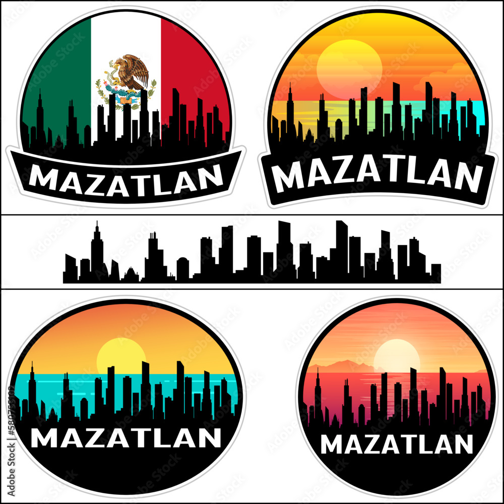 Mazatlan Skyline Silhouette Mexico Flag Travel Souvenir Sticker Sunset Background Vector Illustration SVG EPS AI