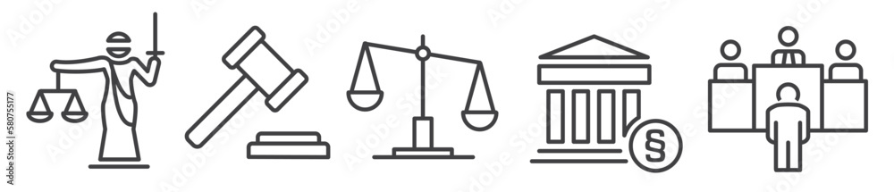 Law, legal and justice vector thin line icon collection on white background Law, legal and justice vector thin line icon collection on white background