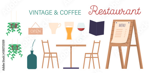 Set of Street Cafe Items. Coffee Cup, Beer, Wine, Menu and Plants. Wooden Table with Chairs, Open Signboard Isolated