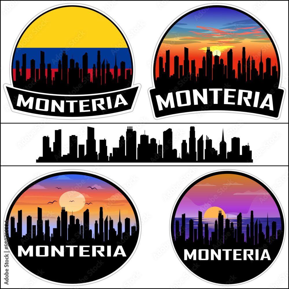 Monteria Skyline Silhouette Colombia Flag Travel Souvenir Sticker Sunset Background Vector Illustration SVG EPS AI