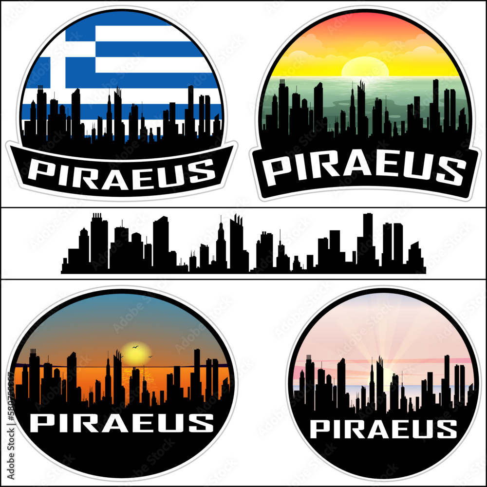 Piraeus Skyline Silhouette Greece Flag Travel Souvenir Sticker Sunset Background Vector Illustration SVG EPS AI