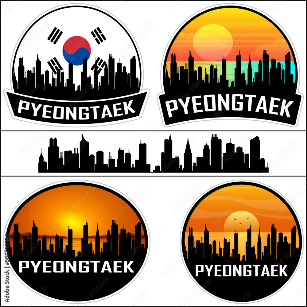 Pyeongtaek Skyline Silhouette South Korea Flag Travel Souvenir Sticker Sunset Background Vector Illustration SVG EPS AI