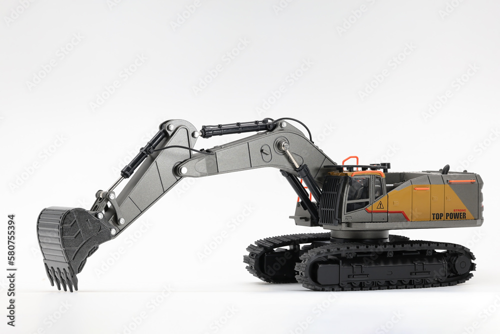 Backhoe hydraulic Excavator with bucket. side view. Wide angle. Isolated on white background.	