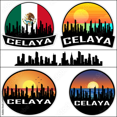 Celaya Skyline Silhouette Mexico Flag Travel Souvenir Sticker Sunset Background Vector Illustration SVG EPS AI photo
