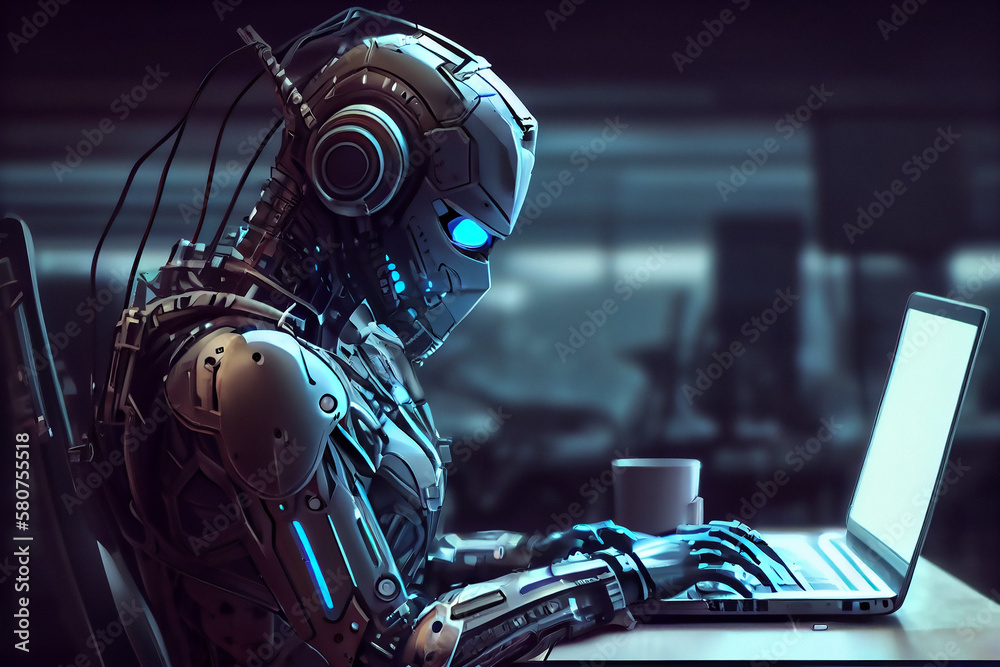 Working in the Future: Futuristic Cyborg with Robotic Arm Conducting Three-Dimensional Brain Anatomy Analysis using Artificial Intelligence Laptop and Monitor on Tech Desk in Cyberspace Environment Working in the Future: Futuristic Cyborg with Robotic Arm Conducting Three-Dimensional Brain Anatomy Analysis using Artificial Intelligence Laptop and Monitor on Tech Desk in Cyberspace Environment