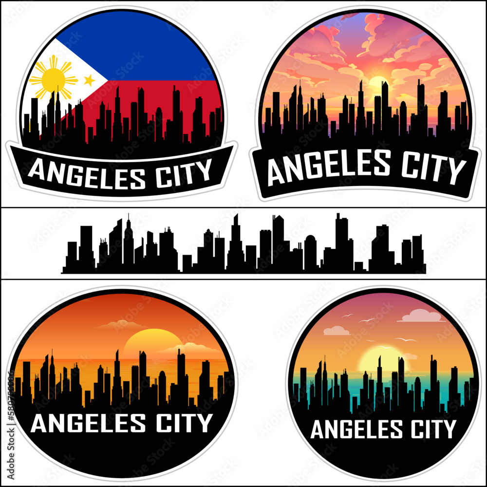 Angeles City Skyline Silhouette Philippines Flag Travel Souvenir Sticker Sunset Background Vector Illustration SVG EPS AI