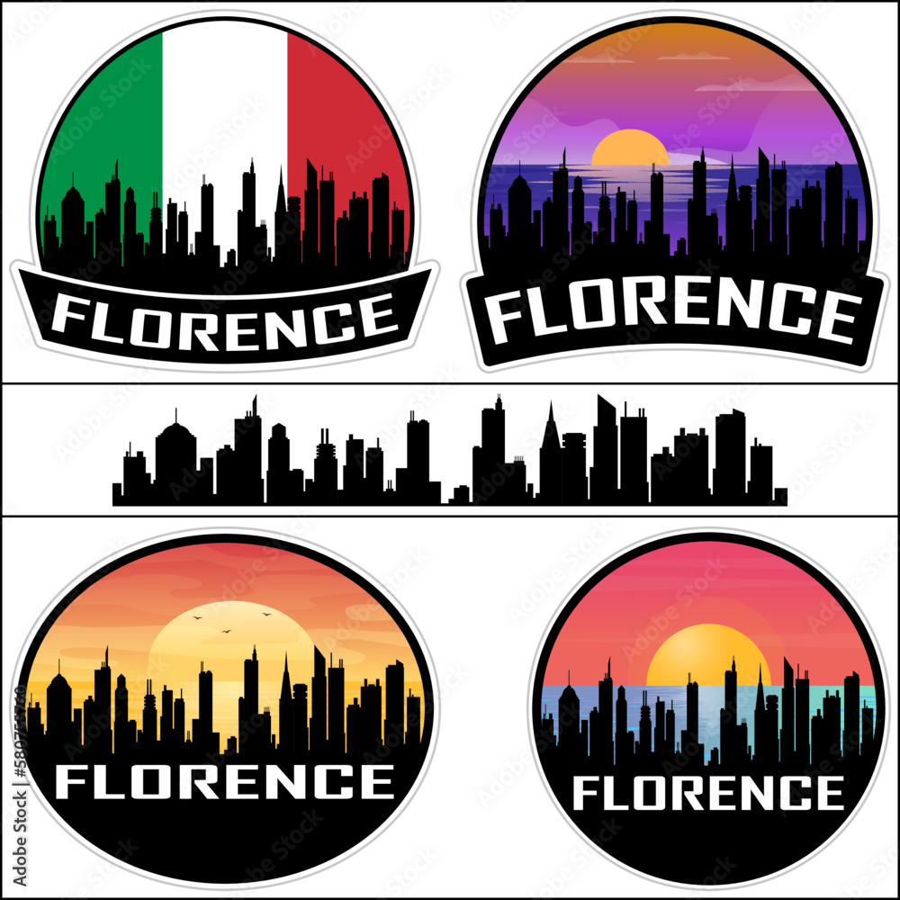 Florence Skyline Silhouette Italy Flag Travel Souvenir Sticker Sunset Background Vector Illustration SVG EPS AI