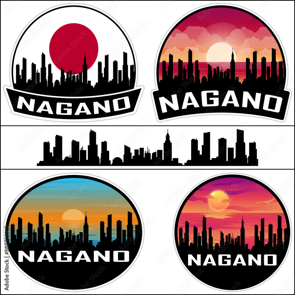 Nagano Skyline Silhouette Japan Flag Travel Souvenir Sticker Sunset Background Vector Illustration SVG EPS AI