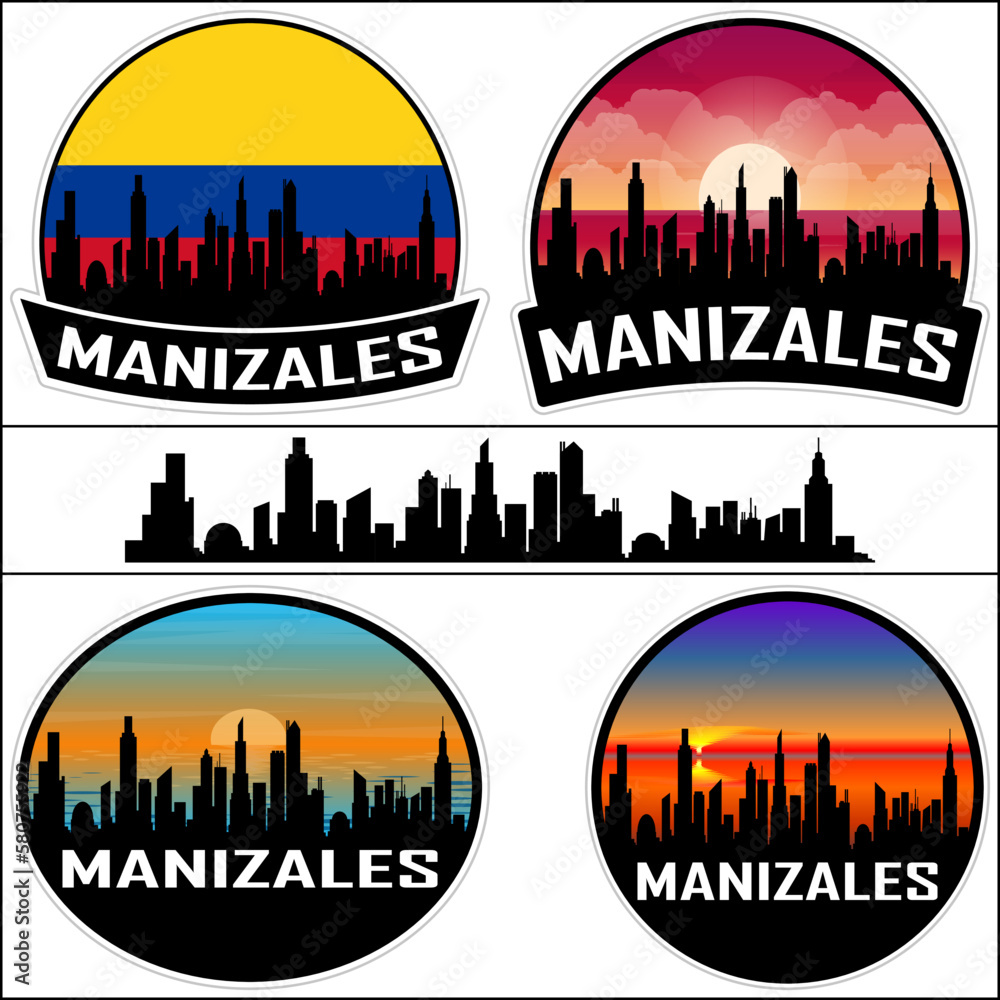 Manizales Skyline Silhouette Colombia Flag Travel Souvenir Sticker Sunset Background Vector Illustration SVG EPS AI