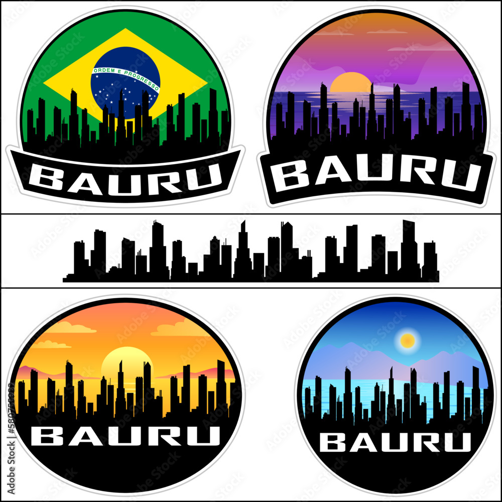 Bauru Skyline Silhouette Brazil Flag Travel Souvenir Sticker Sunset Background Vector Illustration SVG EPS AI