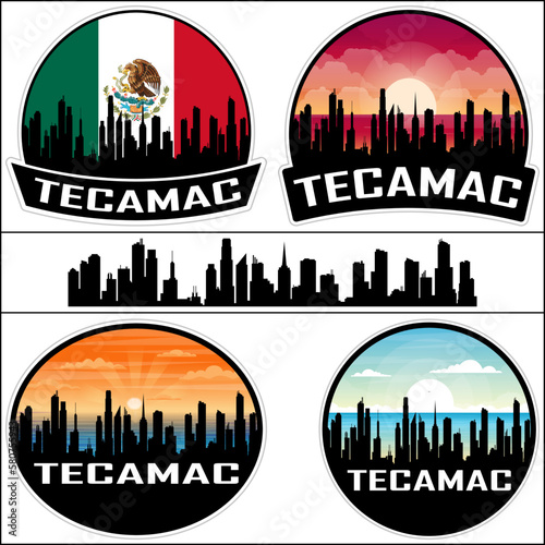 Tecamac Skyline Silhouette Mexico Flag Travel Souvenir Sticker Sunset Background Vector Illustration SVG EPS AI photo