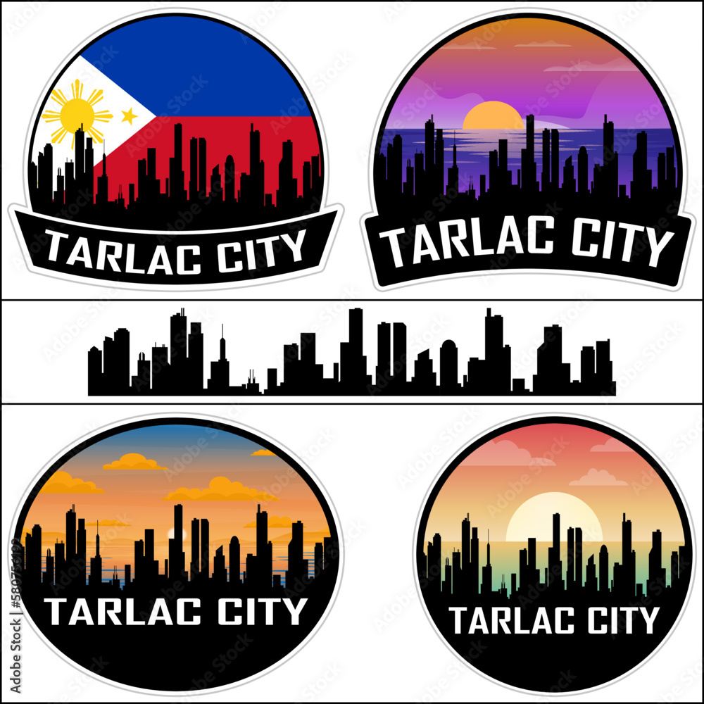 Tarlac City Skyline Silhouette Philippines Flag Travel Souvenir Sticker Sunset Background Vector Illustration SVG EPS AI