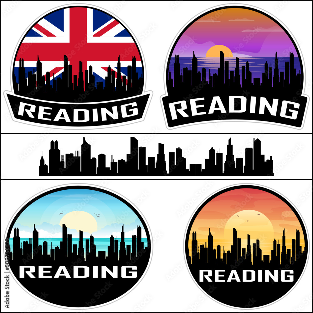 Reading Skyline Silhouette Uk Flag Travel Souvenir Sticker Sunset Background Vector Illustration SVG EPS AI
