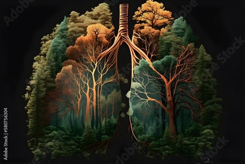 Nature lungs with leaves inside, Green lungs of planet Earth. Environment, ecology. Generative Ai