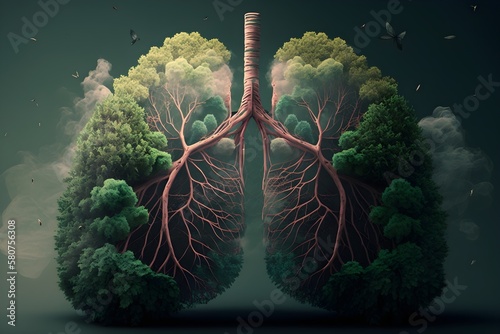 Nature lungs with leaves inside, Green lungs of planet Earth. Environment, ecology. Generative Ai