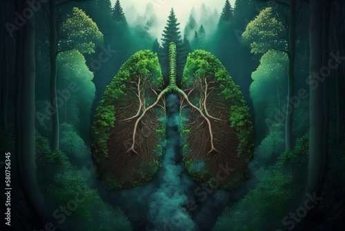 Nature lungs with leaves inside, Green lungs of planet Earth. Environment, ecology. Generative Ai