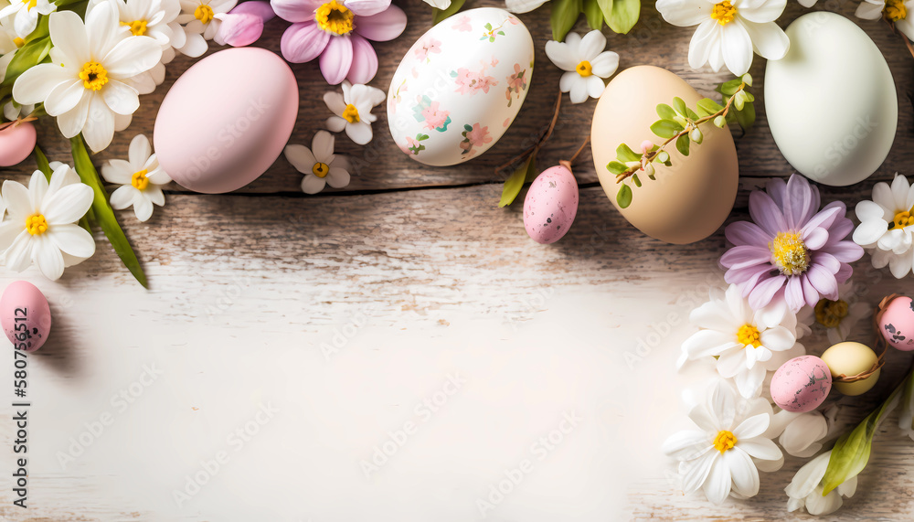 Easter background with eggs and spring flowers. Top view with copy space. Generative AI
