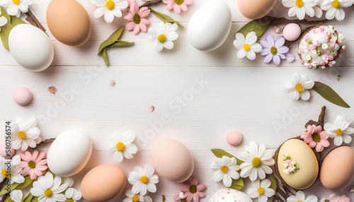 Easter background with eggs and spring flowers. Top view with copy space. Generative AI