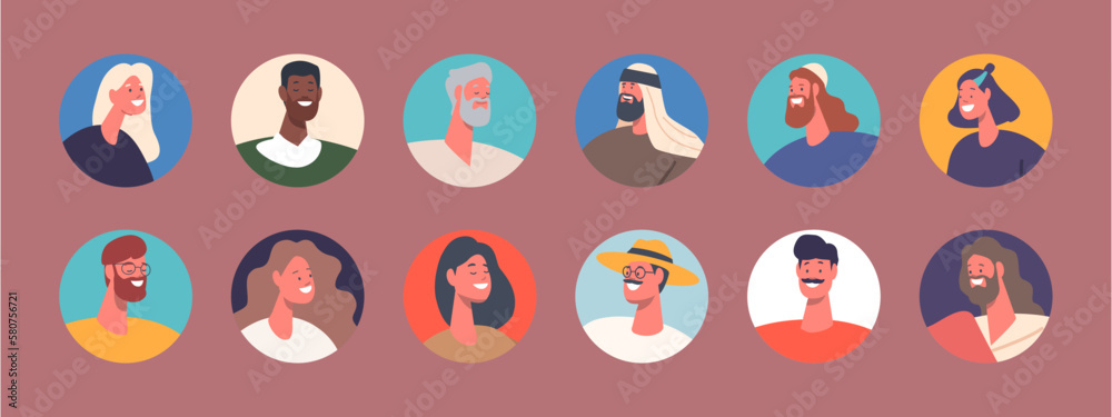 Set Of People Avatars, Young And Mature Men Or Women Portraits For Social Media And Web Design, Isolated Round Icons.