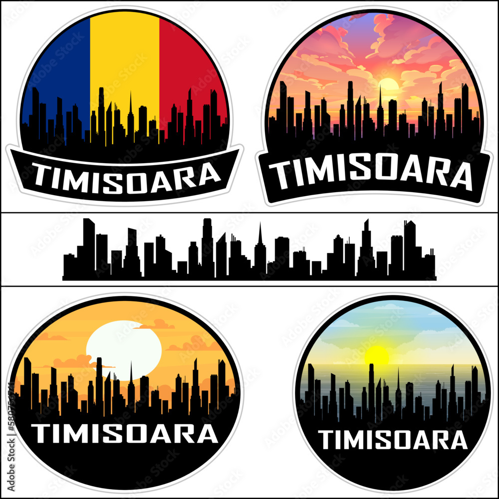 Timisoara Skyline Silhouette Romania Flag Travel Souvenir Sticker Sunset Background Vector Illustration SVG EPS AI