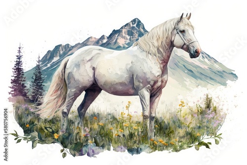 White Arabian horse on an alpine meadow  watercolor illustration. Generative AI