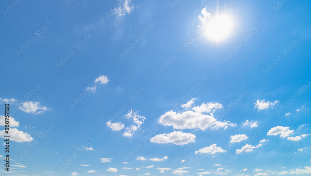 Panoramic view of clear blue sky and clouds, Blue sky background with tiny clouds. White fluffy clouds in the blue sky. Panoramic view of clear blue sky and clouds, Blue sky background with tiny clouds. White fluffy clouds in the blue sky.