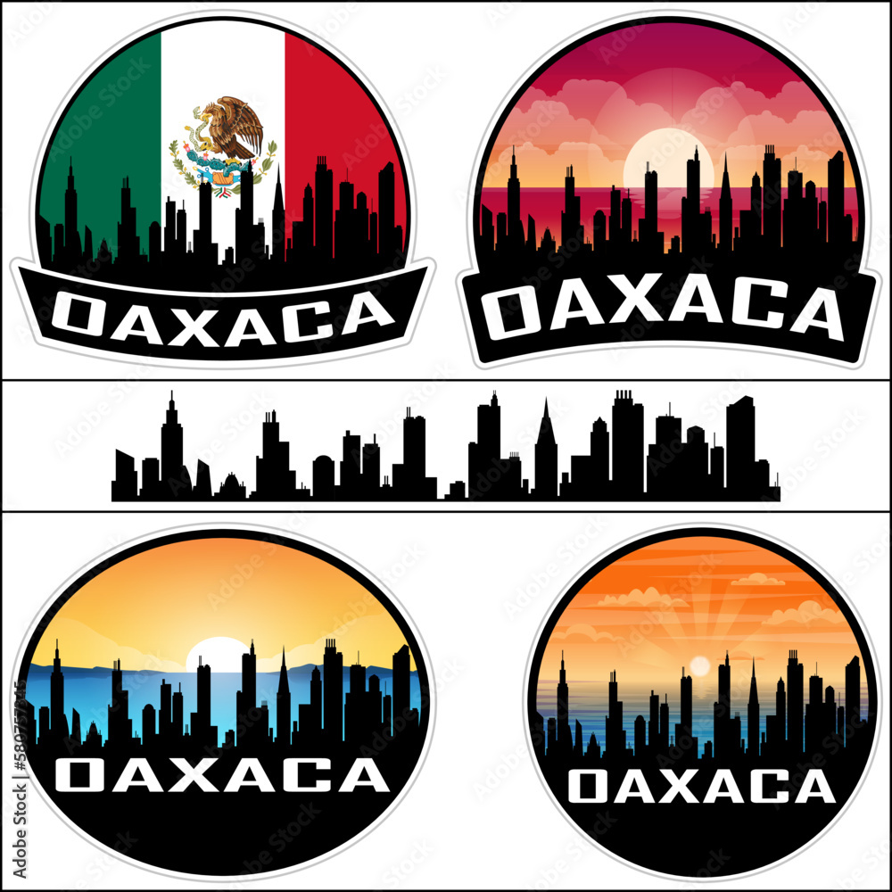 Oaxaca Skyline Silhouette Mexico Flag Travel Souvenir Sticker Sunset Background Vector Illustration SVG EPS AI