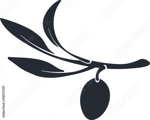 Olive branch black silhouette of fruits and flowers. Nature shape