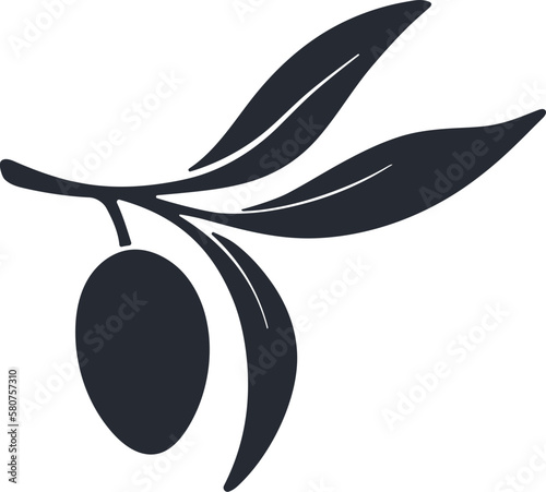 Olive branch black silhouette of fruits and flowers. Nature shape